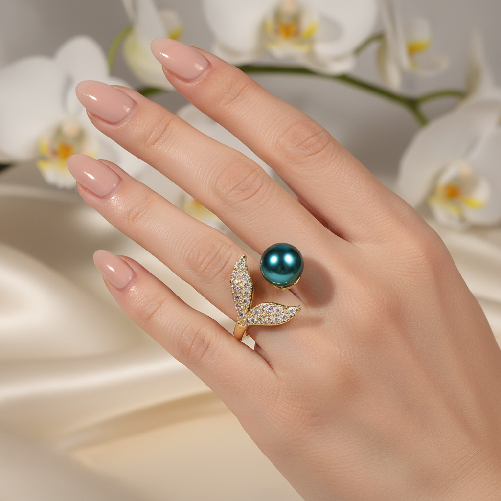 Anillo de Cola de Sirena con Perlas Oceánicas de Moda Creativa