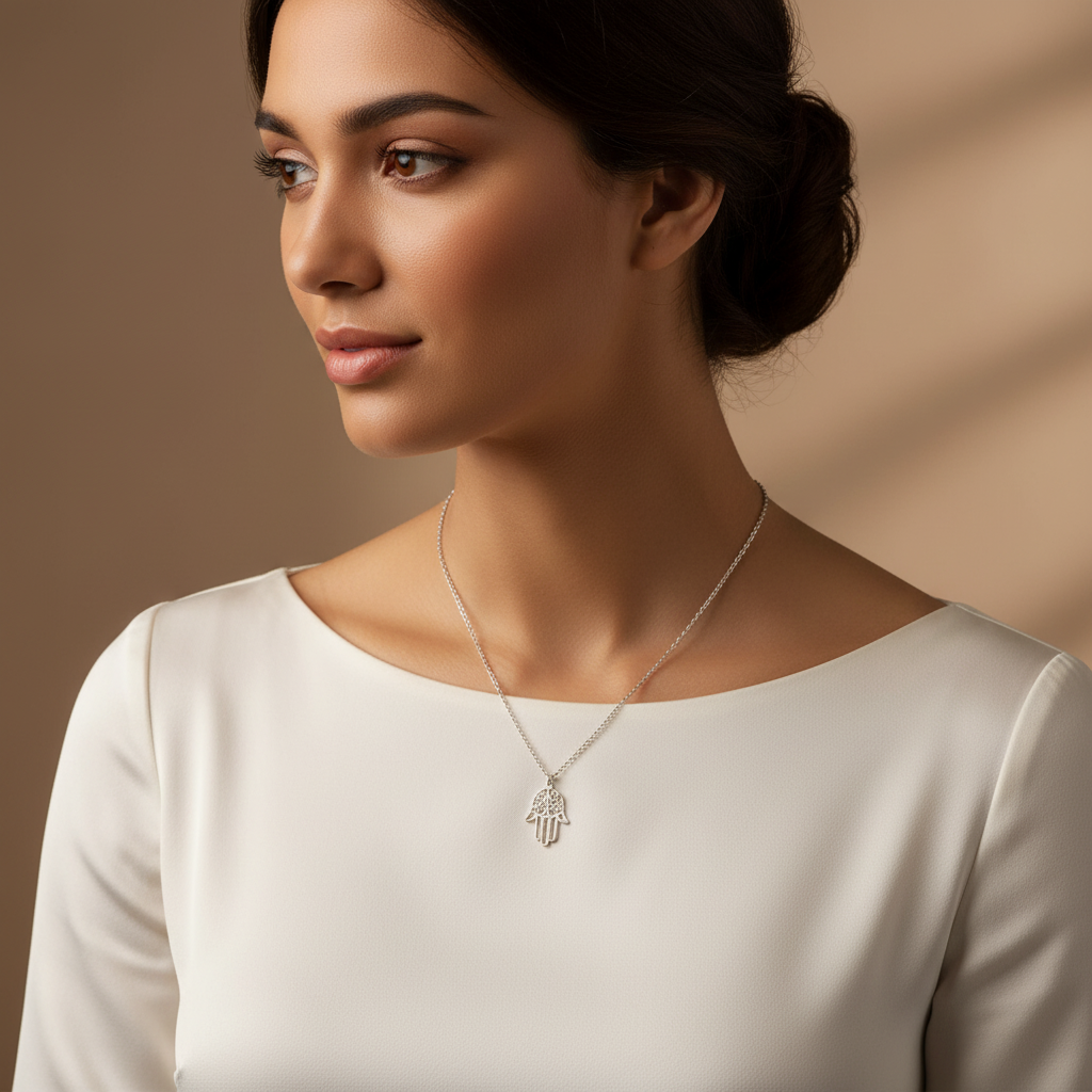 Collar de Acero Inoxidable Pulido Doble Cara Mano de Fátima o Hamsa