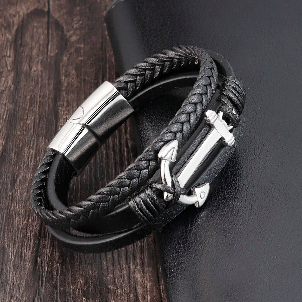 Men's Braided Leather Bracelet with Anchor