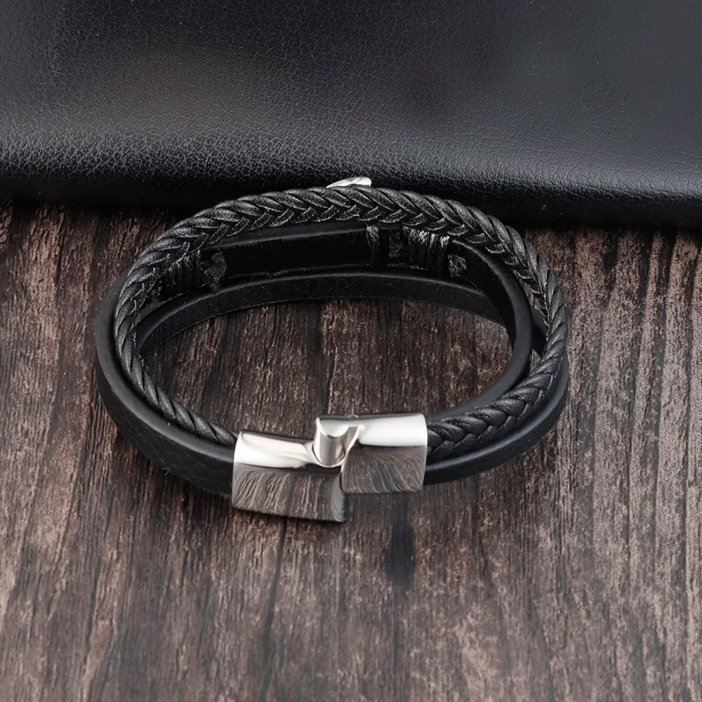 Men's Braided Leather Bracelet with Anchor