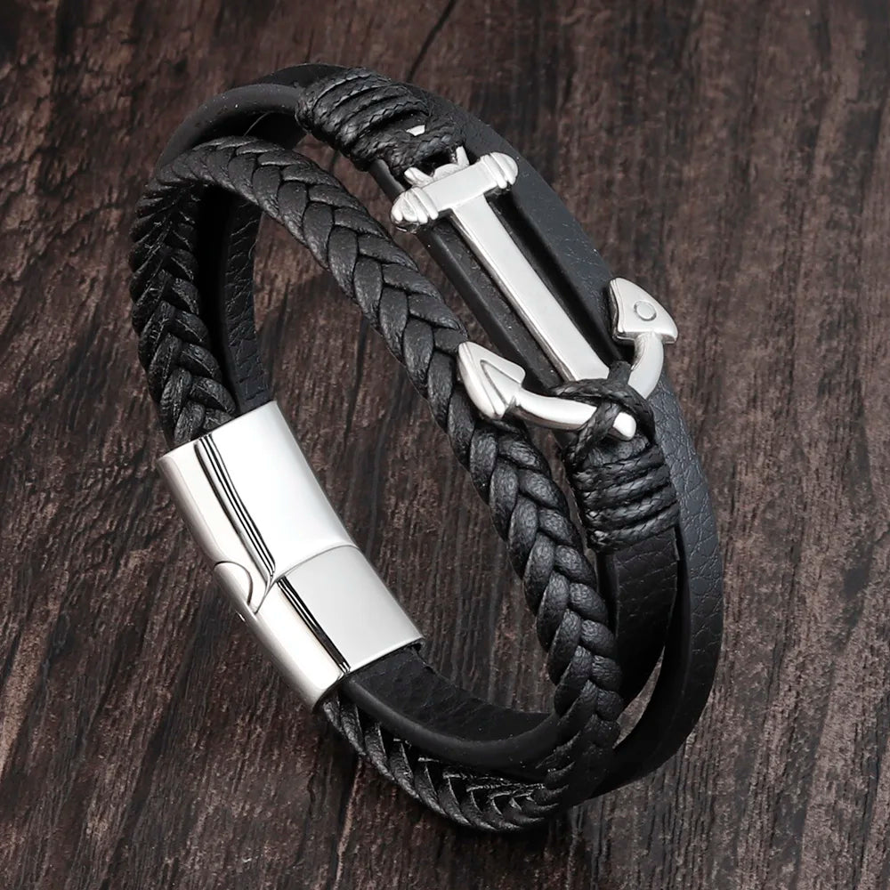 Men's Braided Leather Bracelet with Anchor