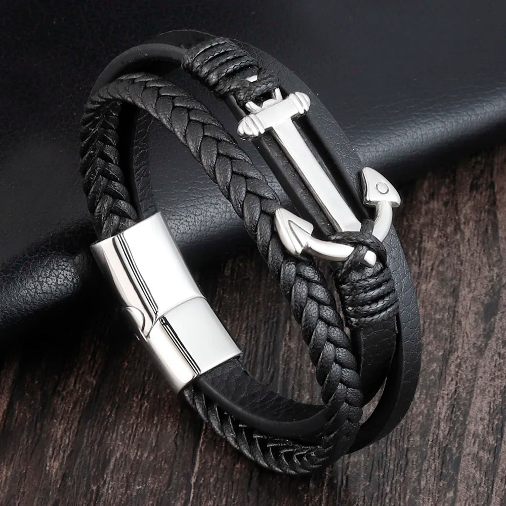 Men's Braided Leather Bracelet with Anchor