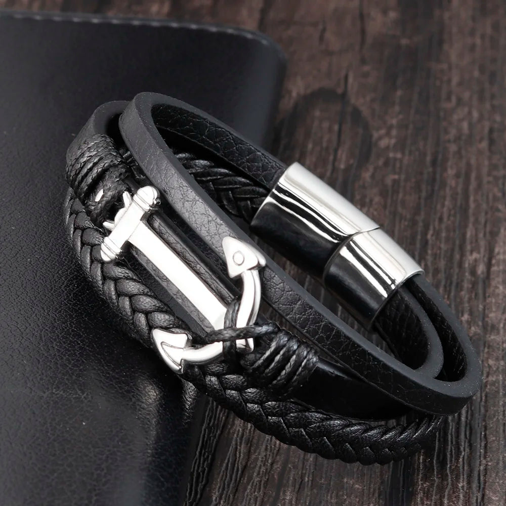 Men's Braided Leather Bracelet with Anchor