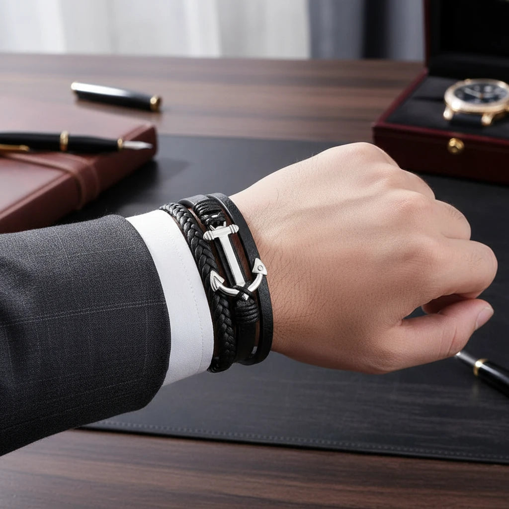 Men's Braided Leather Bracelet with Anchor