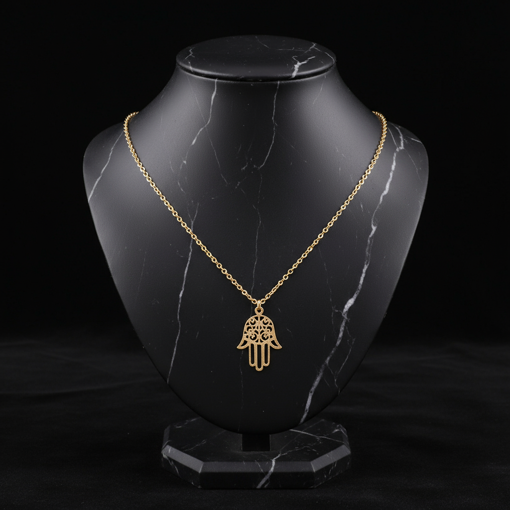 Collar de Acero Inoxidable Pulido Doble Cara Mano de Fátima o Hamsa