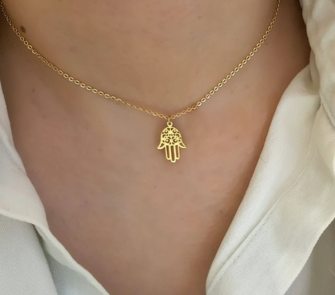 Collar de Acero Inoxidable Pulido Doble Cara Mano de Fátima o Hamsa