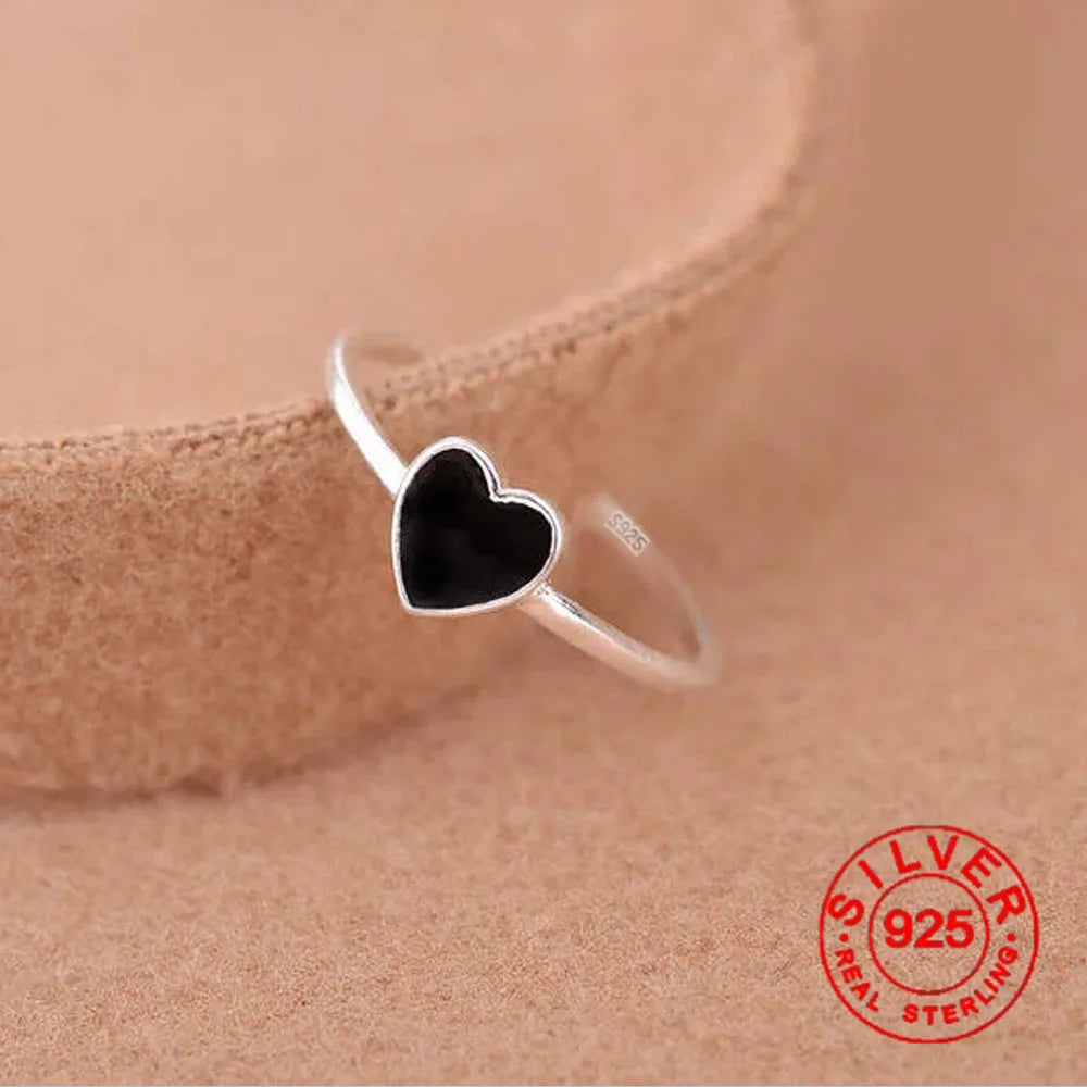 Adjustable 925 Sterling Silver Ring with Black Heart 