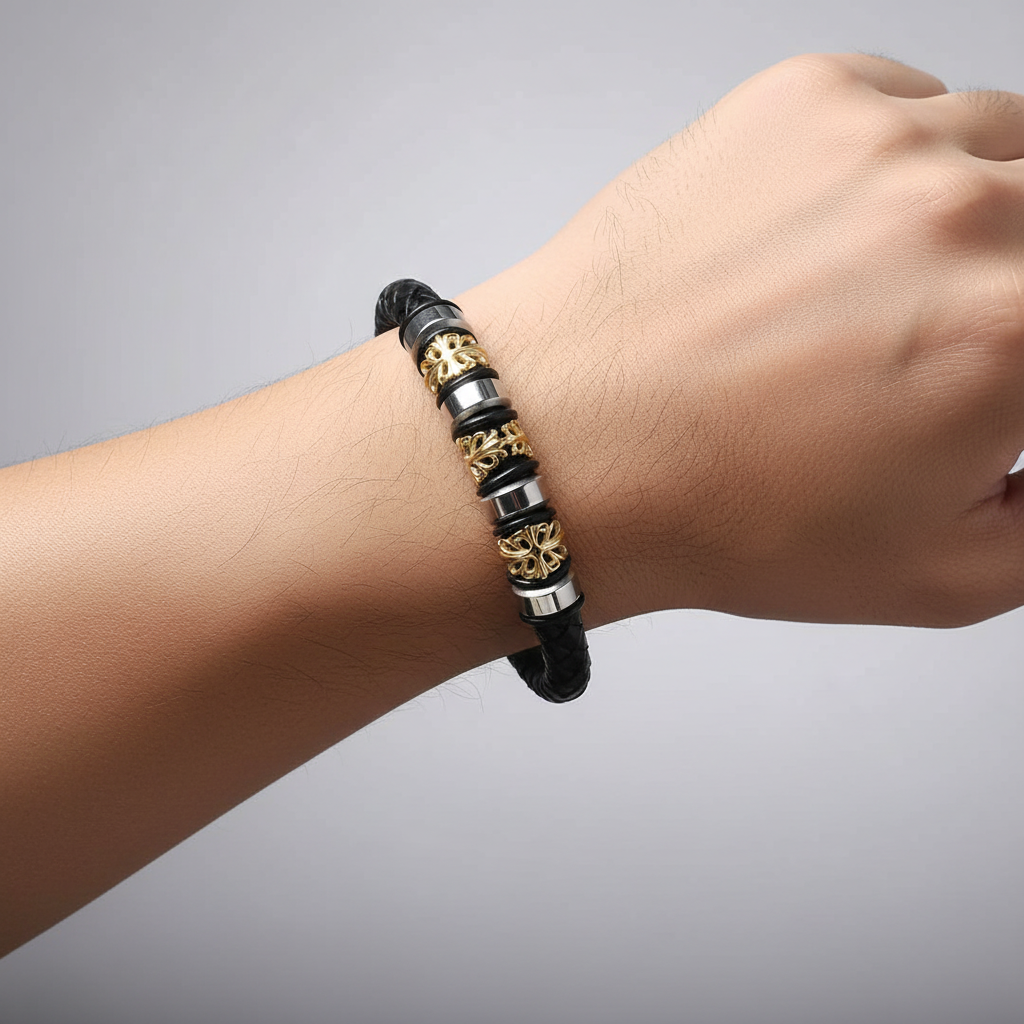 Pulsera de Hombre de Acero de Titanio con Cuerda de Cuero