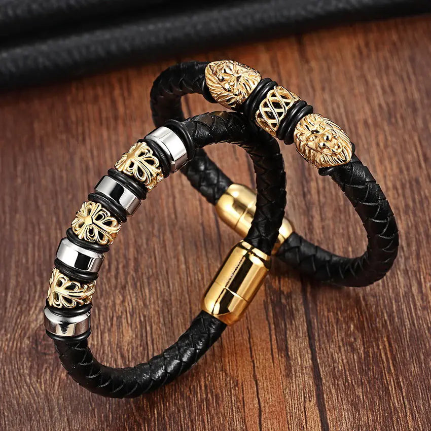 Pulsera de Hombre de Acero de Titanio con Cuerda de Cuero