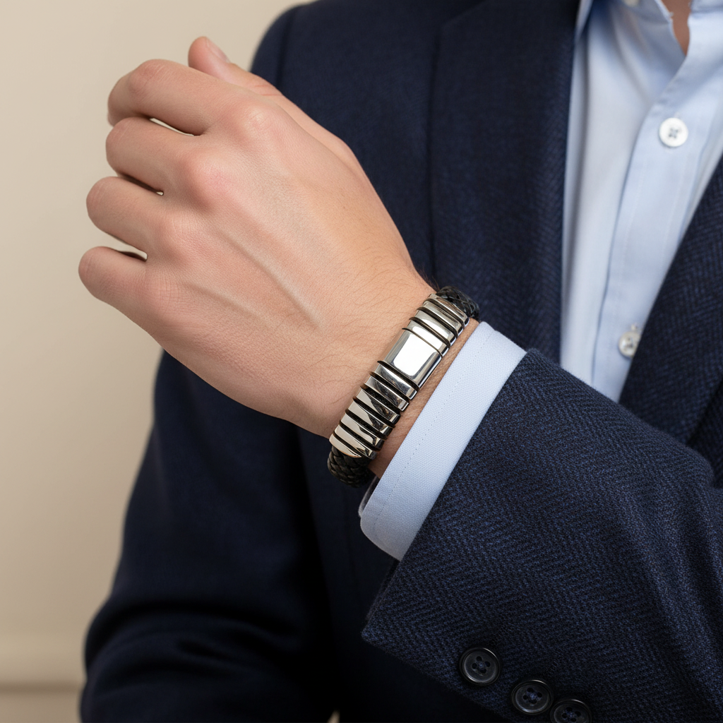 Pulsera de plata y cuero para hombre 20cm