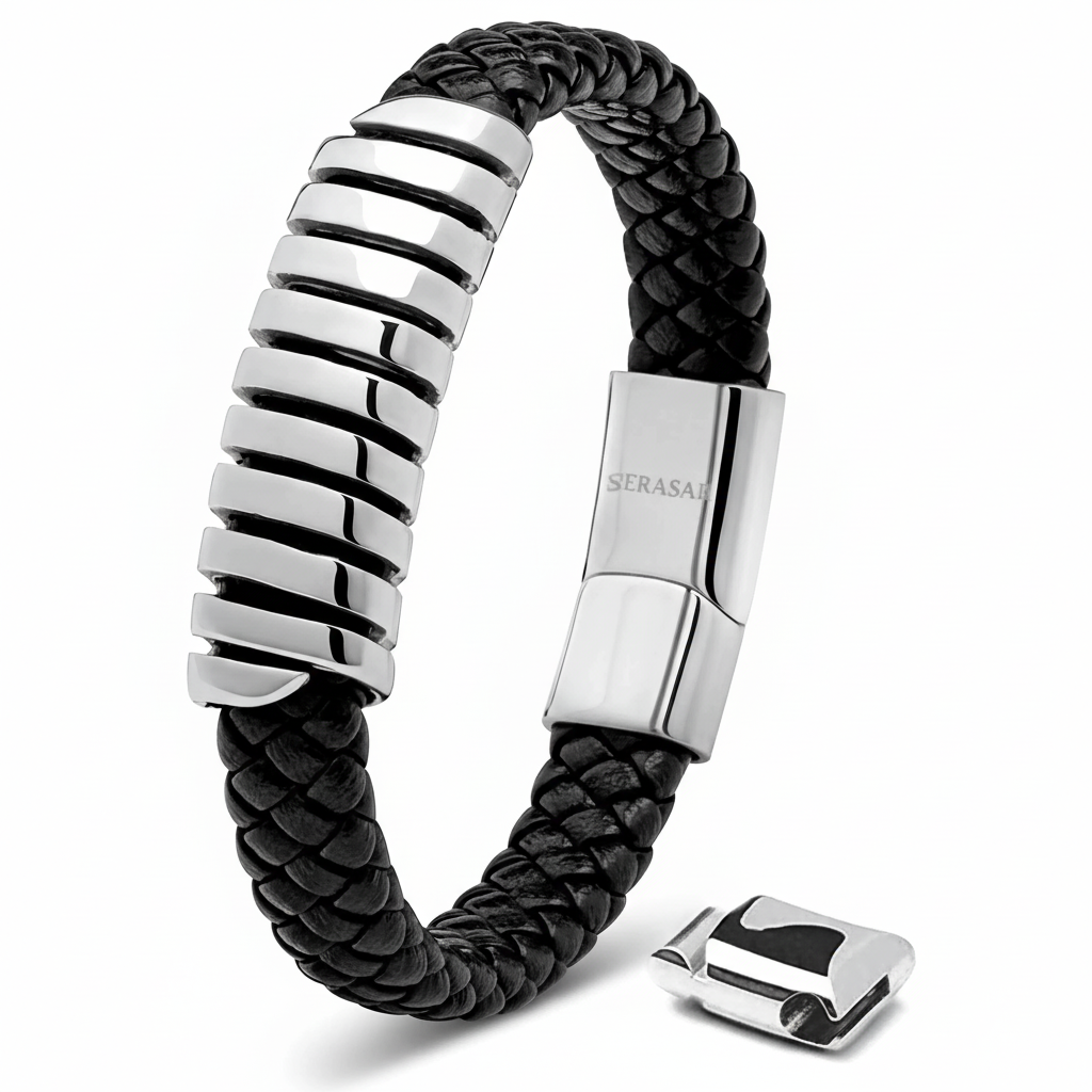 Pulsera de plata y cuero para hombre 20cm
